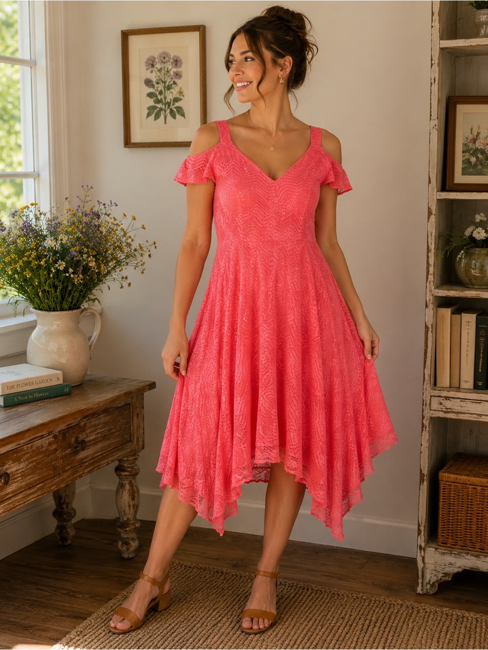 17.) Cold-Shoulder Coral Midi Dress - Asymmetrical Hem